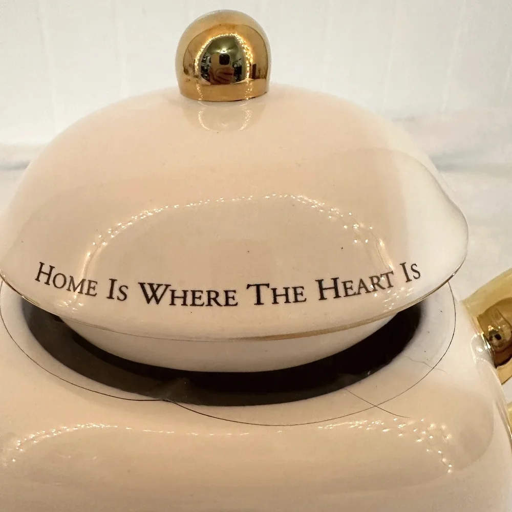 Thomas Kinkade Teapot White New Home Is Where The Heart Is Gold Trim Cottage MCM